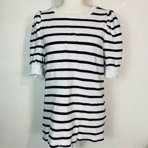 LOFT Size Medium M Knit Puff Sleeve Knit Top Blouse Striped White Navy Cotton